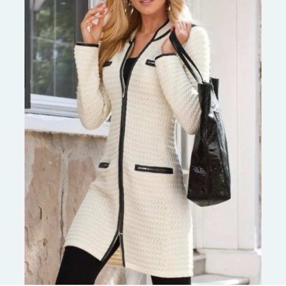 Boston Proper Cream Knit Cardigan with Black Trim